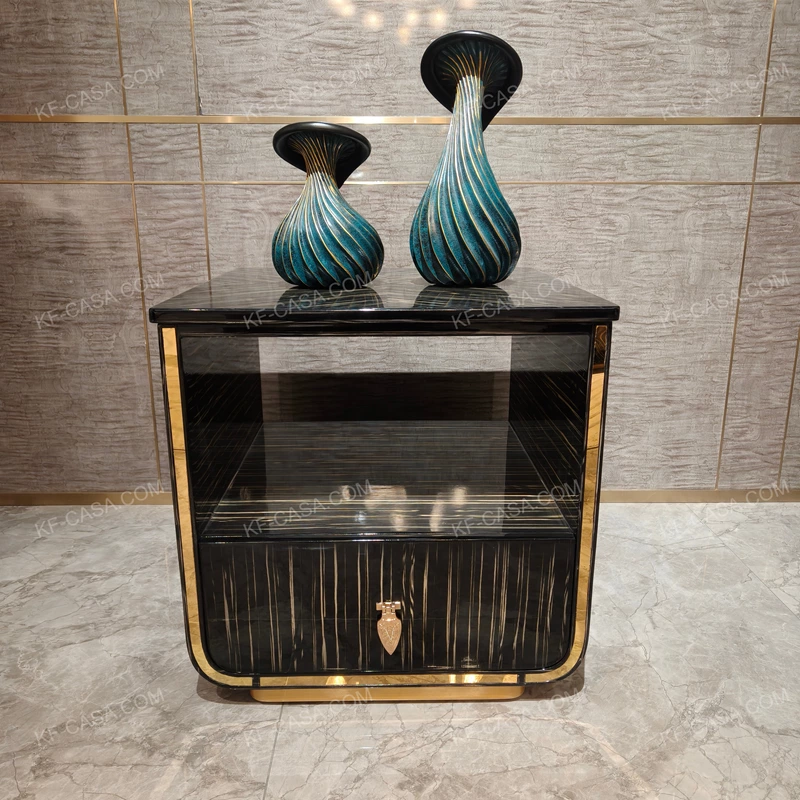 High-Gloss Black & Gold Veneer SideTable with Gold Metal Trim & Locking Drawer